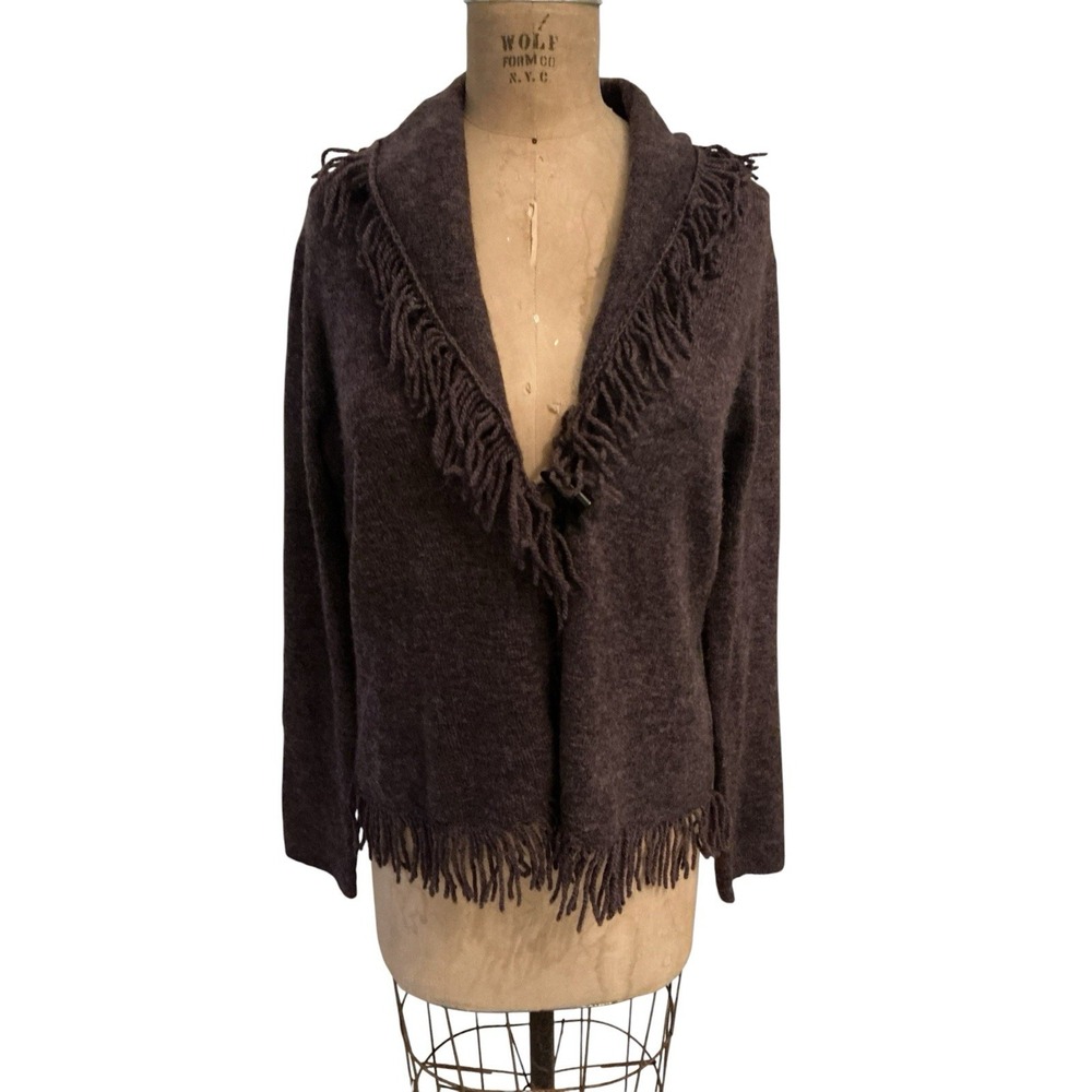 Susan Bristol Sweater Women Xl Cardigan Open Front Fringe 25% Wool Boho